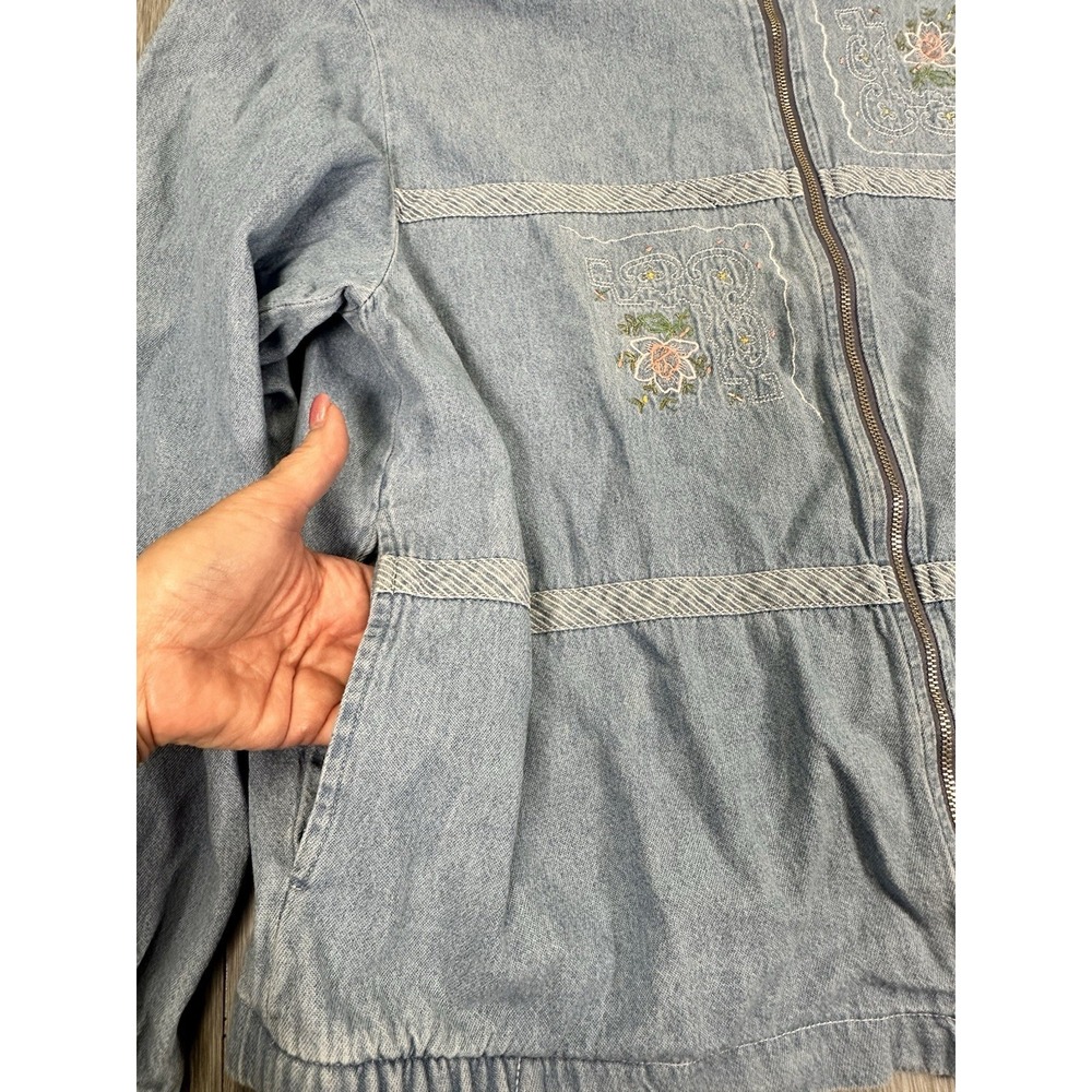 VINTAGE TEDDI Denim Full Zip Floral Embroidered Jean Jacket M/L - Picture 4 of 6